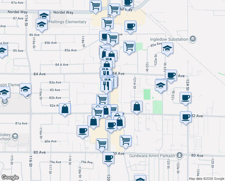 map of restaurants, bars, coffee shops, grocery stores, and more near 8318 120 Street in Surrey