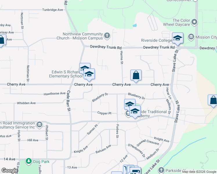 map of restaurants, bars, coffee shops, grocery stores, and more near 33530 Cherry Avenue in Mission