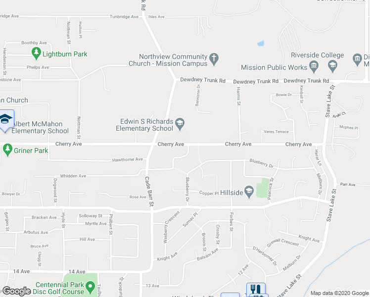 map of restaurants, bars, coffee shops, grocery stores, and more near 8395 Aster Terrace in Mission