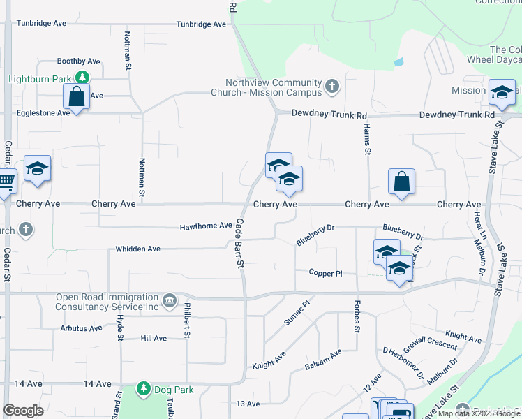 map of restaurants, bars, coffee shops, grocery stores, and more near 33370 Cherry Avenue in Mission