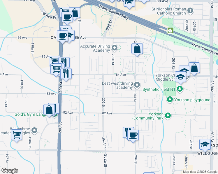 map of restaurants, bars, coffee shops, grocery stores, and more near in Langley Township