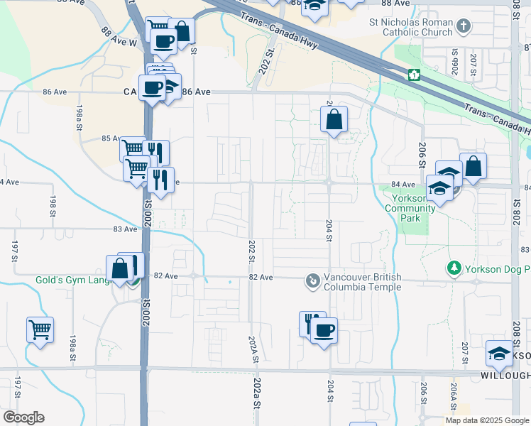 map of restaurants, bars, coffee shops, grocery stores, and more near 8371 202B Street in Langley Township