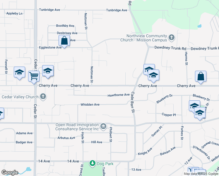 map of restaurants, bars, coffee shops, grocery stores, and more near 33182 Cherry Avenue in Mission