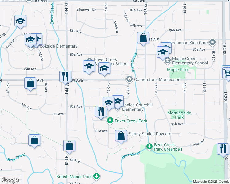 map of restaurants, bars, coffee shops, grocery stores, and more near 8329 146A Street in Surrey