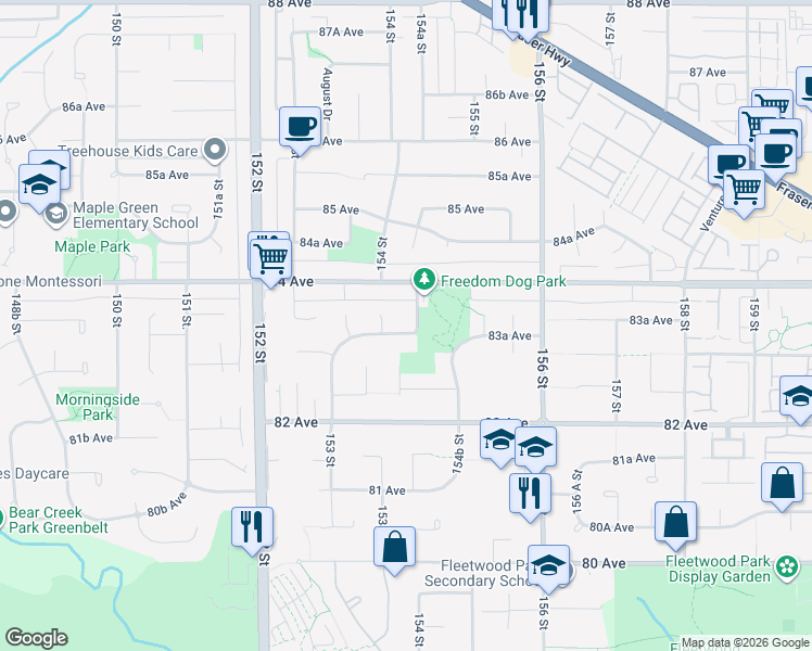 map of restaurants, bars, coffee shops, grocery stores, and more near 7715 154A Street in Surrey
