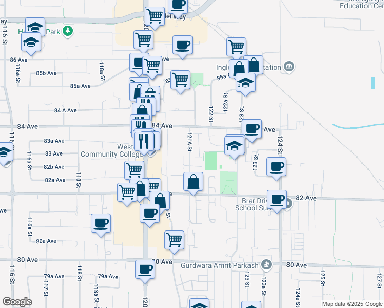 map of restaurants, bars, coffee shops, grocery stores, and more near 8358 121A Street in Surrey
