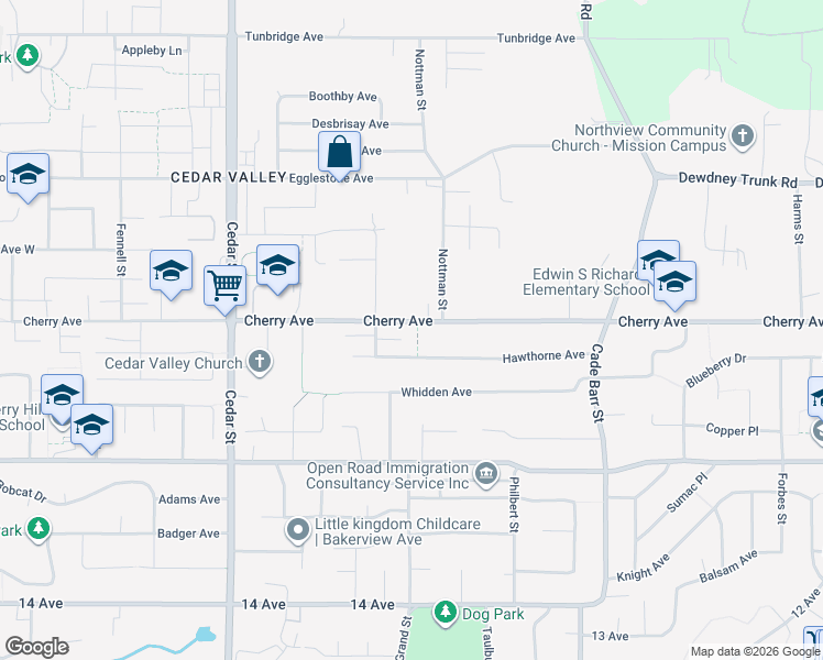 map of restaurants, bars, coffee shops, grocery stores, and more near 33056 Cherry Avenue in Mission
