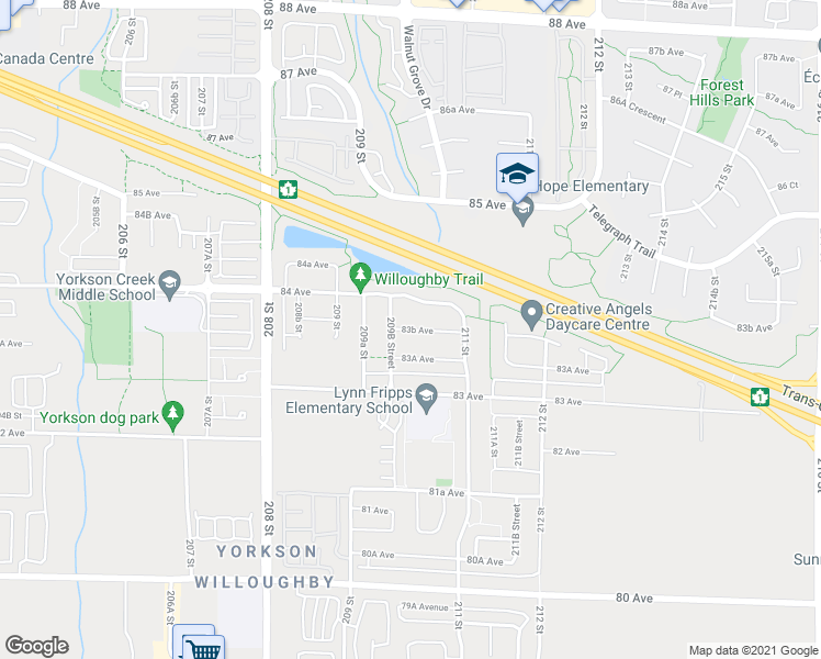 map of restaurants, bars, coffee shops, grocery stores, and more near 21006 83B Avenue in Langley
