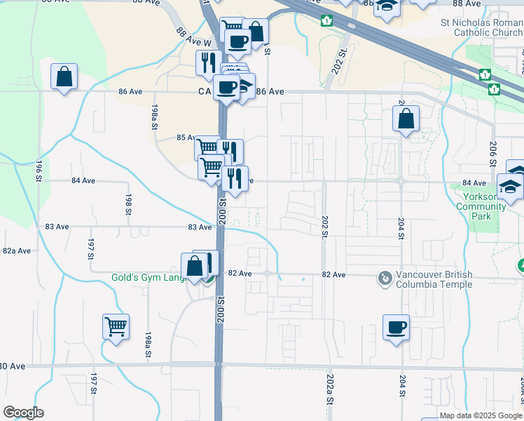 map of restaurants, bars, coffee shops, grocery stores, and more near 8327 201 Street in Langley Township