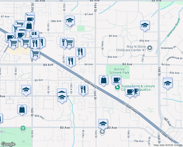 map of restaurants, bars, coffee shops, grocery stores, and more near 8355 164 Street in Surrey