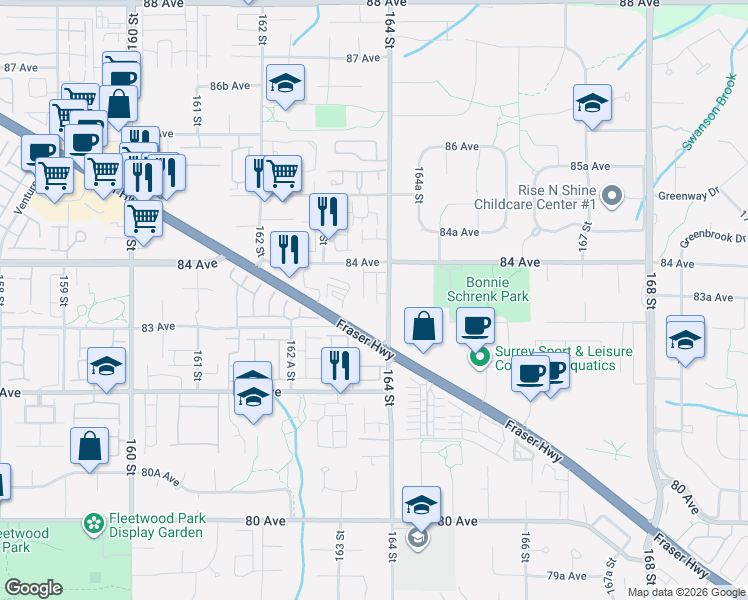 map of restaurants, bars, coffee shops, grocery stores, and more near 8355 164 Street in Surrey