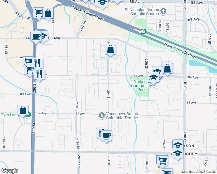 map of restaurants, bars, coffee shops, grocery stores, and more near 204 Street in Langley Township