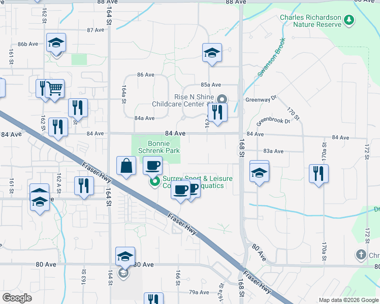 map of restaurants, bars, coffee shops, grocery stores, and more near 8355 166A Street in Surrey