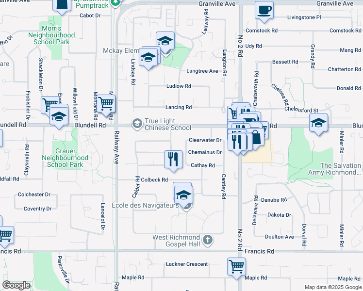 map of restaurants, bars, coffee shops, grocery stores, and more near 8111 Cathay Road in Richmond