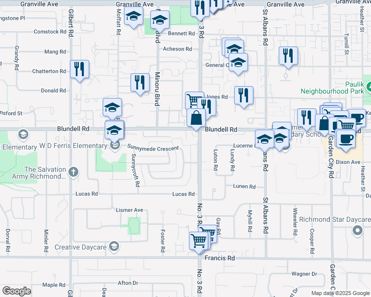 map of restaurants, bars, coffee shops, grocery stores, and more near 7931 Sunnymede Crescent in Richmond