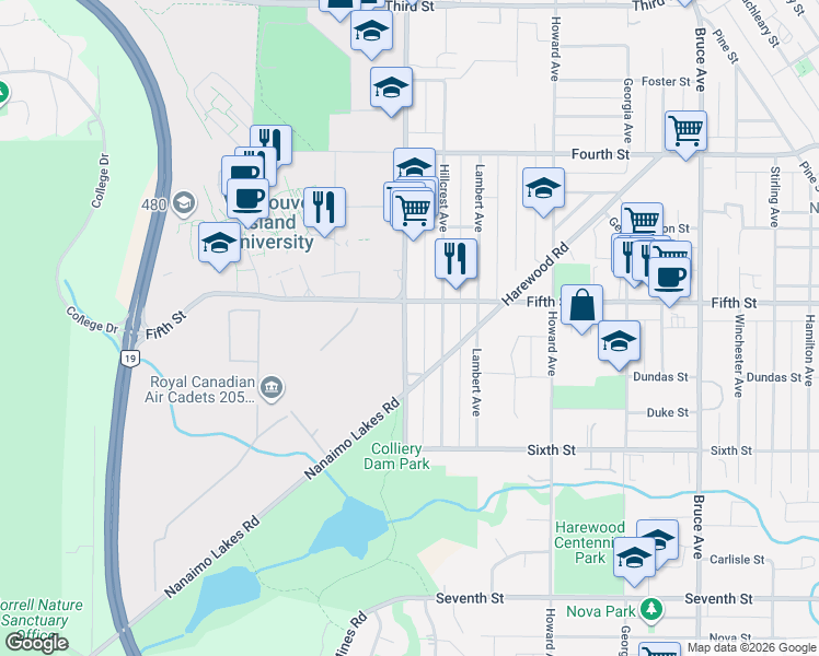 map of restaurants, bars, coffee shops, grocery stores, and more near 540 Wakesiah Avenue in Nanaimo