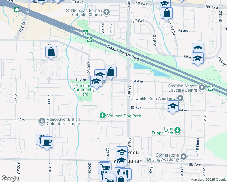 map of restaurants, bars, coffee shops, grocery stores, and more near 128 207A Street in Langley City