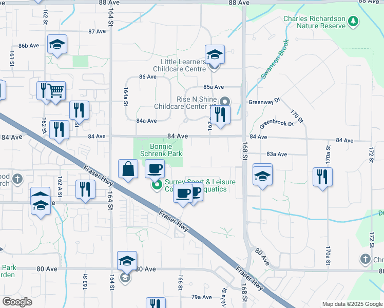 map of restaurants, bars, coffee shops, grocery stores, and more near 8365 166A Street in Surrey