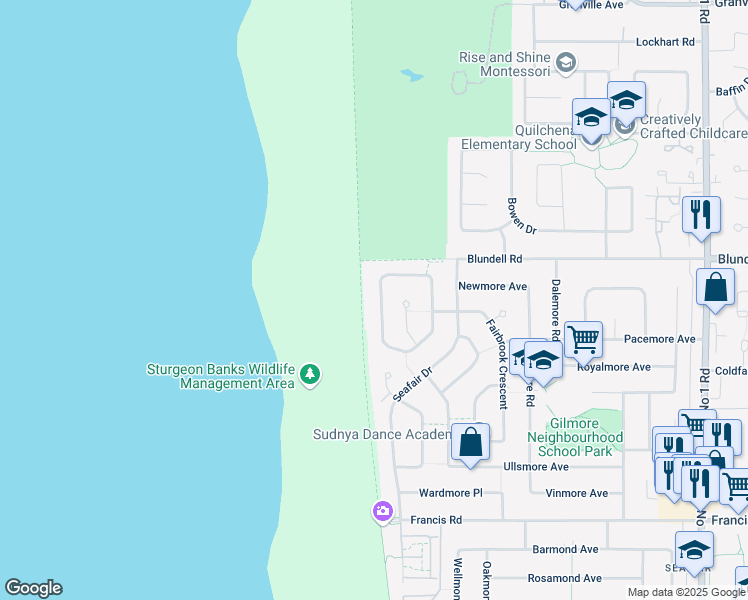 map of restaurants, bars, coffee shops, grocery stores, and more near 8460 Fairdell Crescent in Richmond