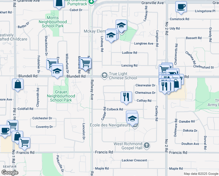 map of restaurants, bars, coffee shops, grocery stores, and more near 5180 Chetwynd Avenue in Richmond