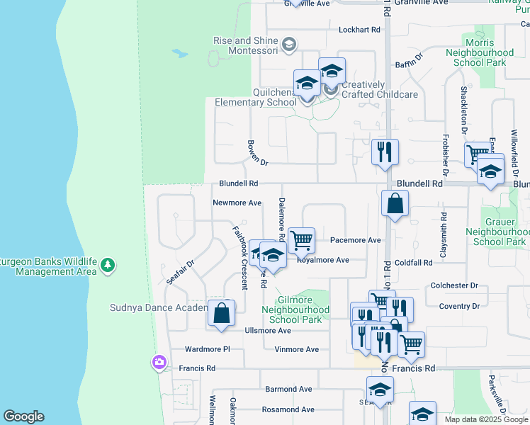 map of restaurants, bars, coffee shops, grocery stores, and more near 8120 Elsmore Road in Richmond