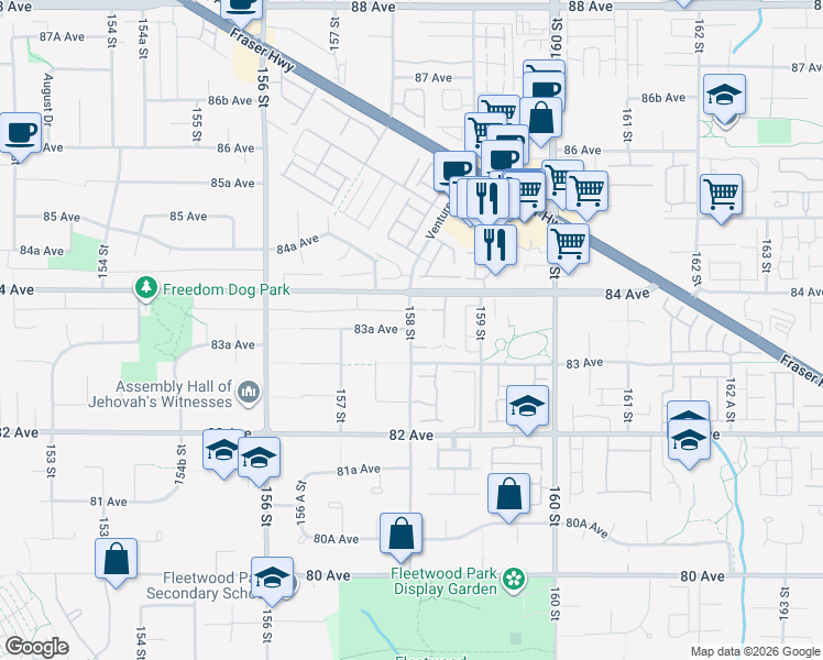 map of restaurants, bars, coffee shops, grocery stores, and more near 83A Avenue in Surrey