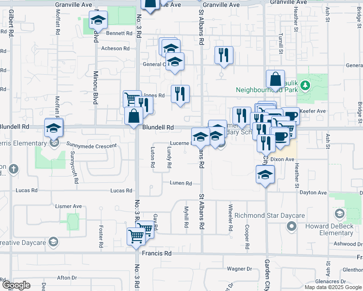 map of restaurants, bars, coffee shops, grocery stores, and more near 8288 Lucerne Road in Richmond