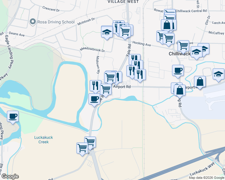 map of restaurants, bars, coffee shops, grocery stores, and more near 45680 Airport Road in Chilliwack
