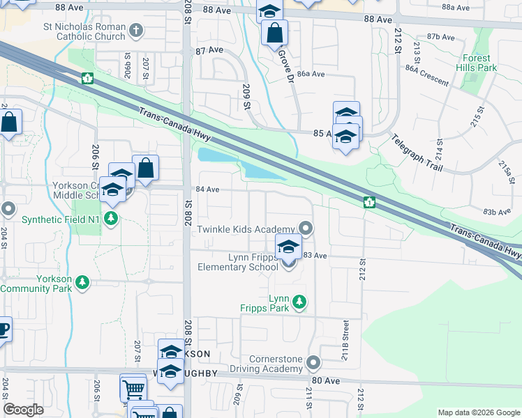 map of restaurants, bars, coffee shops, grocery stores, and more near 8369 209B Street in Langley Township