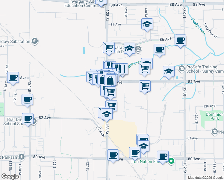 map of restaurants, bars, coffee shops, grocery stores, and more near 8334 128 Street in Surrey