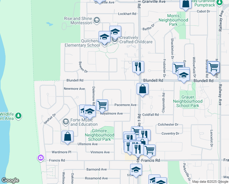 map of restaurants, bars, coffee shops, grocery stores, and more near 8771 Bairdmore Crescent in Richmond