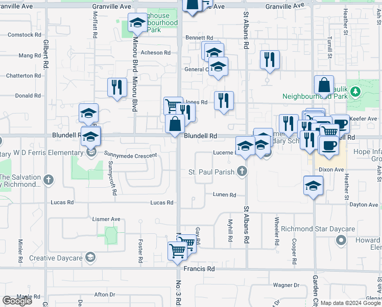 map of restaurants, bars, coffee shops, grocery stores, and more near 8071 Luton Road in Richmond