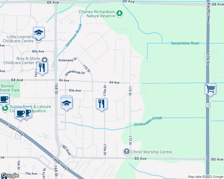 map of restaurants, bars, coffee shops, grocery stores, and more near 8367 171 Street in Surrey