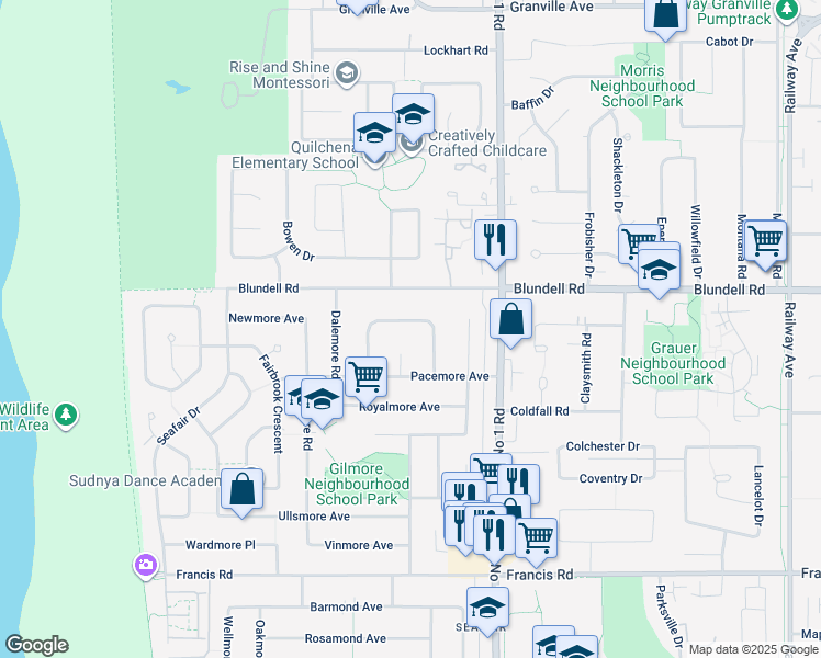 map of restaurants, bars, coffee shops, grocery stores, and more near 8771 Bairdmore Crescent in Richmond