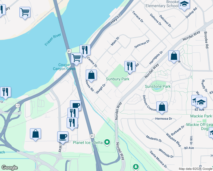 map of restaurants, bars, coffee shops, grocery stores, and more near 10356 Skagit Drive in Delta