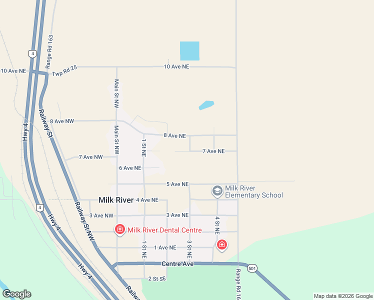 map of restaurants, bars, coffee shops, grocery stores, and more near 801 3 Street Northeast in Milk River