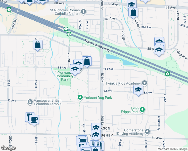 map of restaurants, bars, coffee shops, grocery stores, and more near 20738 84 Avenue in Langley Township