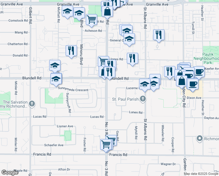map of restaurants, bars, coffee shops, grocery stores, and more near 8080 Number 3 Road in Richmond