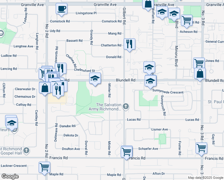 map of restaurants, bars, coffee shops, grocery stores, and more near 8080 Minler Road in Richmond