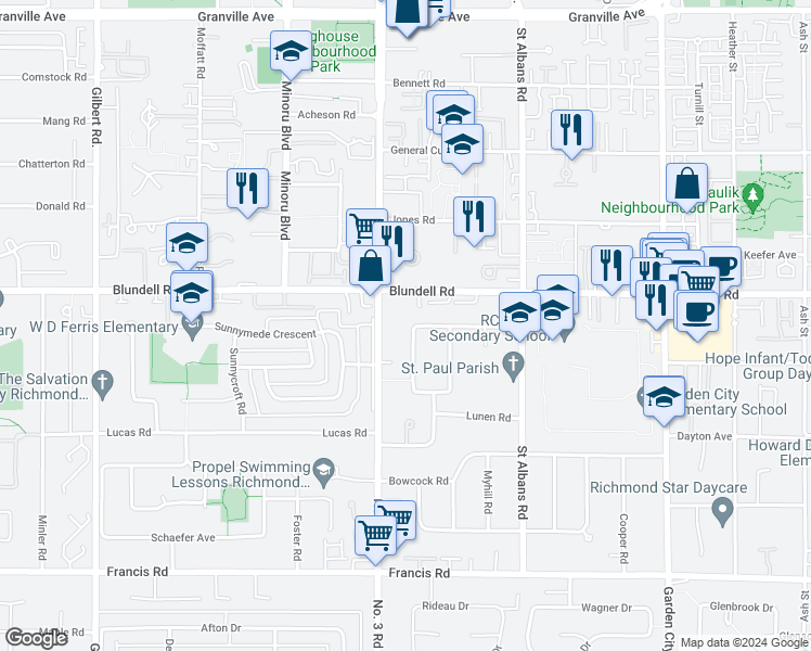 map of restaurants, bars, coffee shops, grocery stores, and more near 8071 Luton Road in Richmond