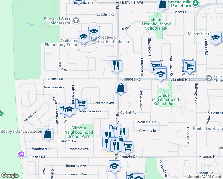 map of restaurants, bars, coffee shops, grocery stores, and more near 8080 Alanmore Place in Richmond