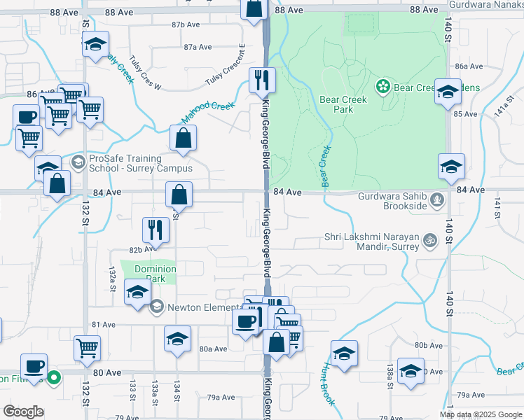 map of restaurants, bars, coffee shops, grocery stores, and more near 112 King George Highway in Surrey