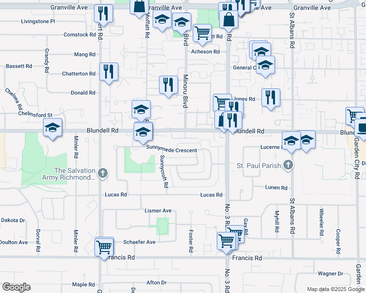 map of restaurants, bars, coffee shops, grocery stores, and more near 7791 Sunnymede Crescent in Richmond