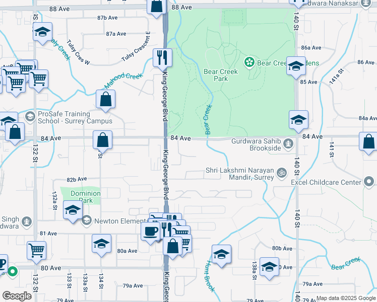 map of restaurants, bars, coffee shops, grocery stores, and more near in Surrey