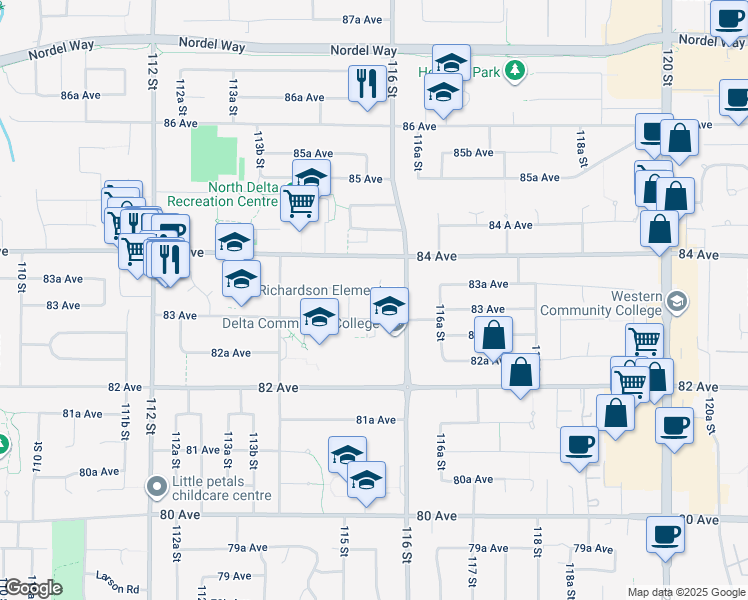 map of restaurants, bars, coffee shops, grocery stores, and more near 11554 83A Avenue in Delta