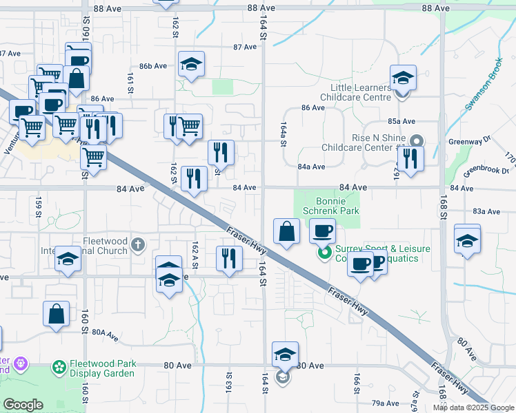 map of restaurants, bars, coffee shops, grocery stores, and more near 8355 164 Street in Surrey