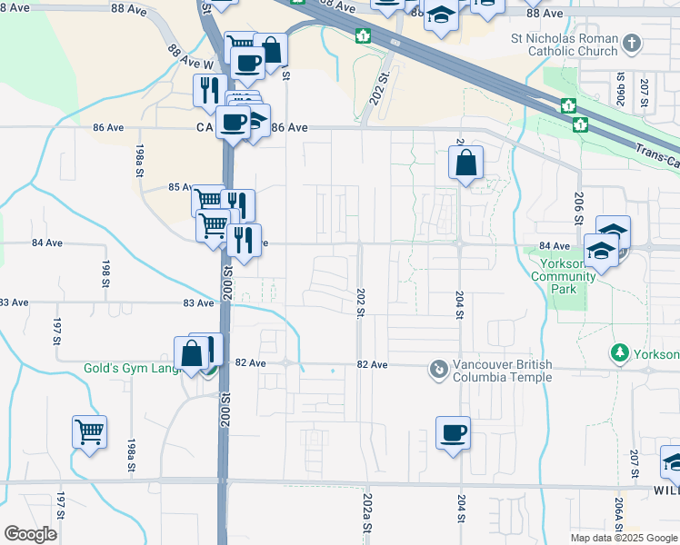 map of restaurants, bars, coffee shops, grocery stores, and more near in Langley Township