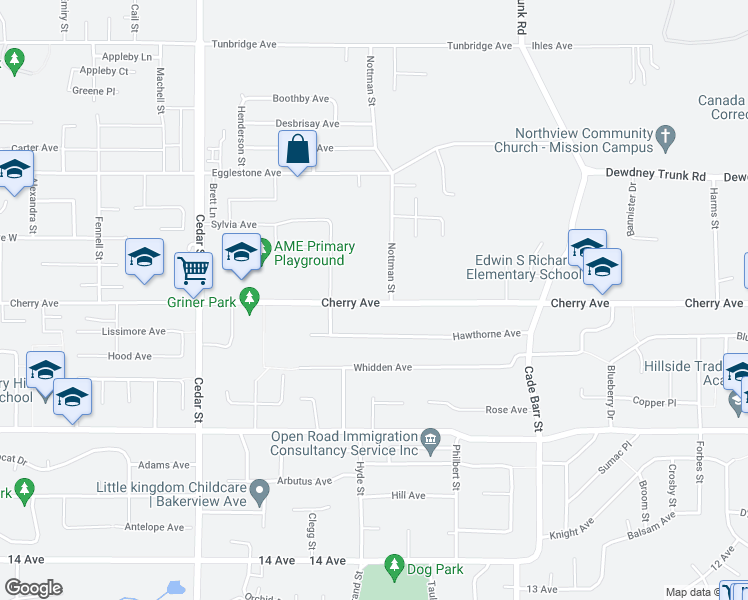map of restaurants, bars, coffee shops, grocery stores, and more near 33067 Cherry Avenue in Mission