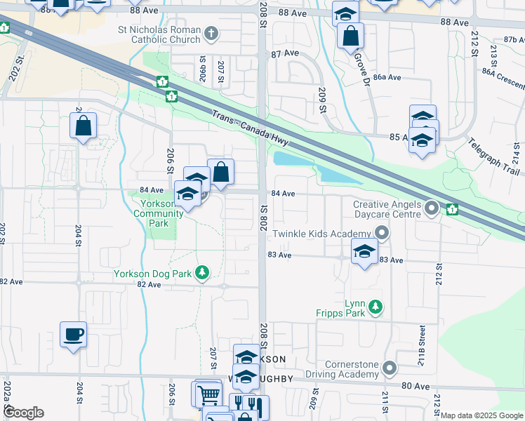 map of restaurants, bars, coffee shops, grocery stores, and more near 8366 208 Street in Langley