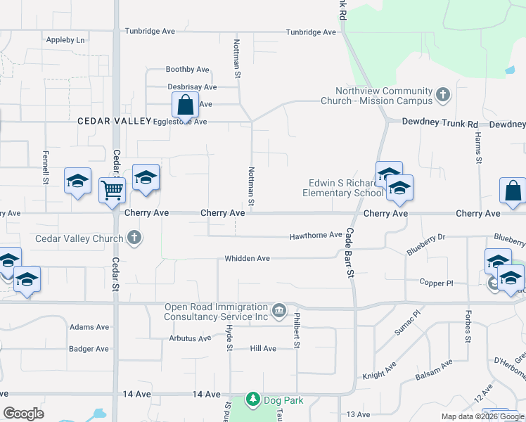 map of restaurants, bars, coffee shops, grocery stores, and more near 8430 Nottman Street in Mission